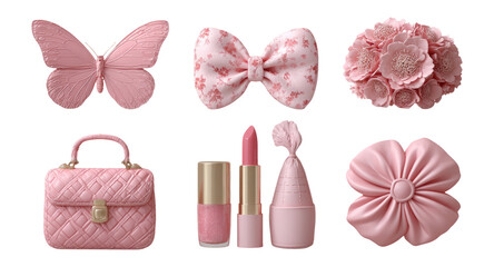 Pink Butterfly, Bow, Flower, and Fashion Accessories on Transparent Background