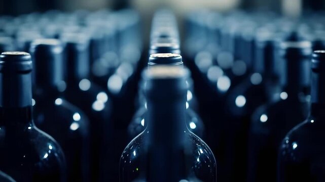 Rows of wine bottles in a dim cellar, caps facing forward and receding into the distance.