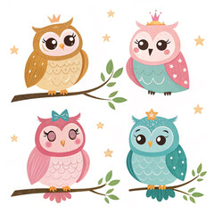 set of funny colourful cartoon owl 