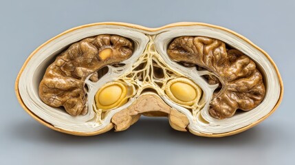 Cross-section of a walnut showcasing intricate natural textures