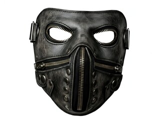 Dark industrial goth mask made from distressed gray leather, featuring prominent metal studs and zippers over the mouth, isolated on a white background