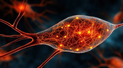 Detailed Close-Up of Neuron with Glowing Synapses and Connections