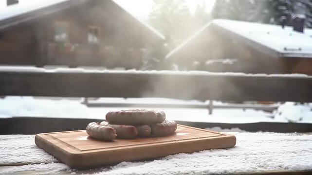 Sausages cooking outdoors winter