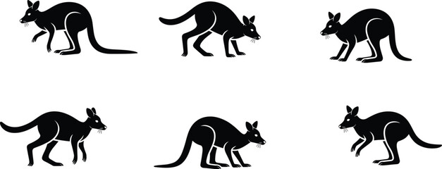 Set of black kangaroo silhouette icons, wild animal poses vector, Australian wildlife illustration, jumping and standing kangaroo clipart