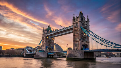 London at sunrise, showcasing a vibrant cityscape with a clear blue sky.