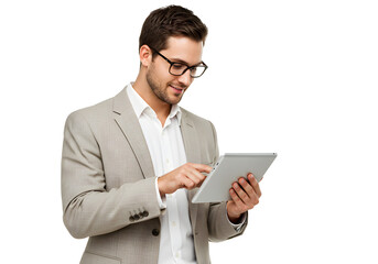 A professional businessman in a suit using a tablet on a white background, business concept