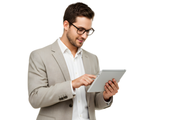 A professional businessman in a suit using a tablet on a white background, business concept