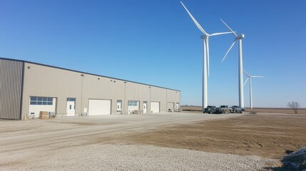 Wind Turbines Next to Industrial Building in Open Landscape