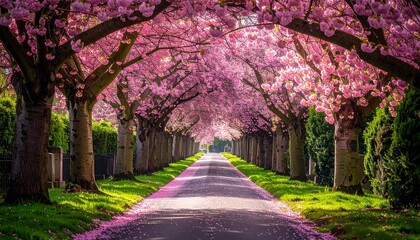 A serene avenue lined with blossoming cherry trees