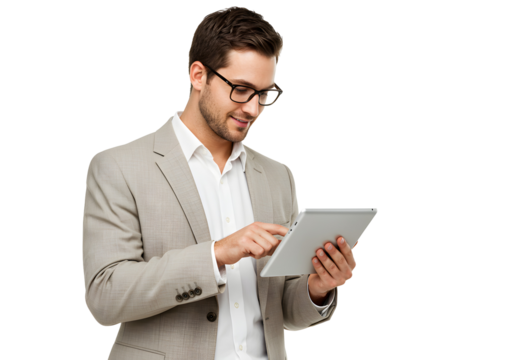 A professional businessman in a suit using a tablet on a white background, business concept