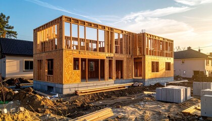 Fototapeta premium A house under construction, wooden frame against a partly cloudy sky