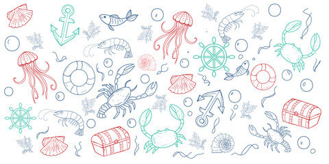 Hand-drawn nautical illustration set with crabs, fish, jellyfish, anchors and seashells