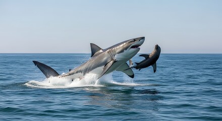 Fototapeta premium Great white shark breaching the ocean's surface while hunting a seal in a vibrant marine environment