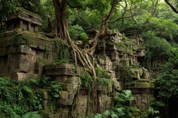Ancient stone ruins overgrown with lush jungle foliage and roots