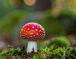 Obraz premium Close-up of a vibrant red mushroom with white spots in a forest