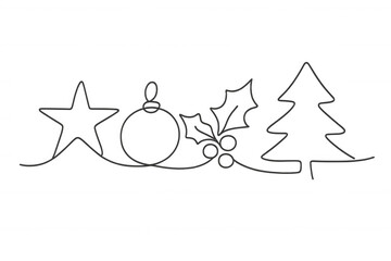 Continuous one line drawing showing festive symbols for christmas and winter season. Transparent background