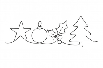 Continuous one line drawing showing festive symbols for christmas and winter season. Transparent background