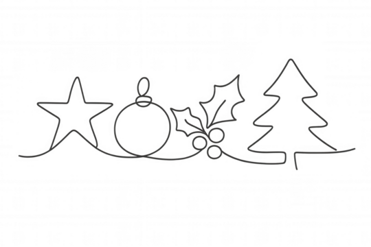 Continuous one line drawing showing festive symbols for christmas and winter season. Transparent background
