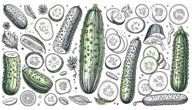 Hand-drawn cucumbers and slices