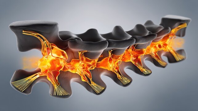 Detailed 3D Illustration of Spinal Column with Nerve Activity Highlight - Powered by Adobe