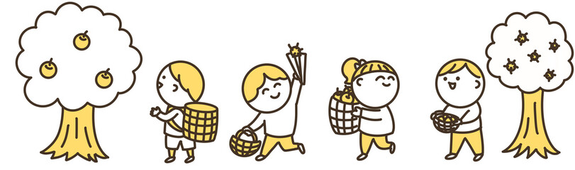 秋の果物狩りの子供たち