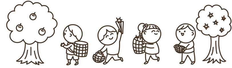 秋の果物狩りの子供たち
