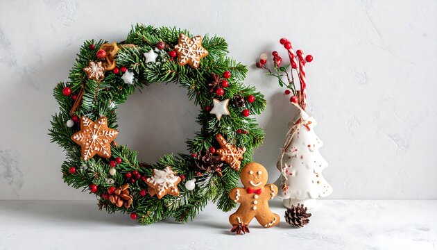 Christmas wreath with gingerbread cookies and decorations