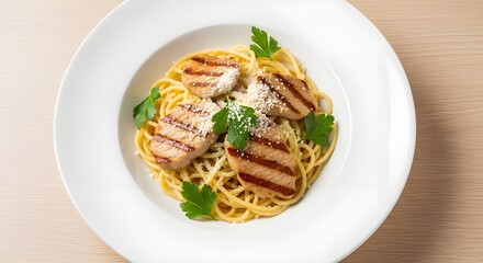 A white plate of spaghetti topped with grilled chicken medallions, grated cheese, and fresh parsley.