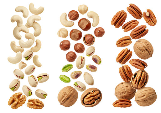 Selection of nuts isolated on transparent background, including cashews, hazelnuts, pistachios, walnuts, and pecans, arranged in vertical format