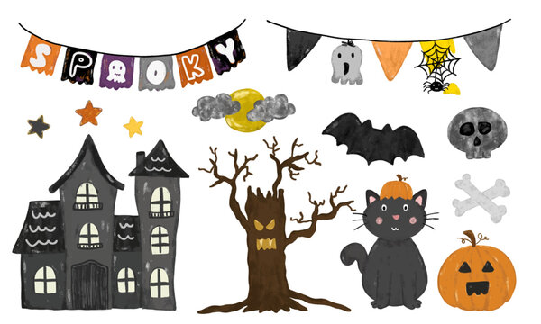 Collection of spooky watercolour crayon halloween element decoration ornament scary haunted house party theme doodle kids illustration design clipart sticker set