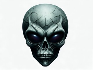 Obraz premium Eerie Cracked Alien Skull with Glowing Eyes on a Plain White Background, a Sci-Fi Concept