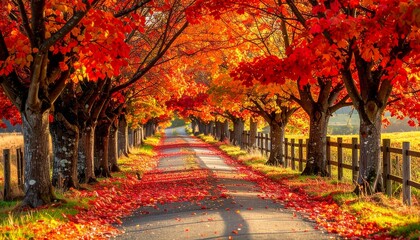 Autumnal lane lined with vibrant red and orange trees