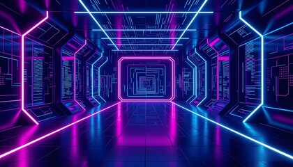 Fototapeta premium Abstract virtual tunnel and technology background with pink and blue lights for modern design