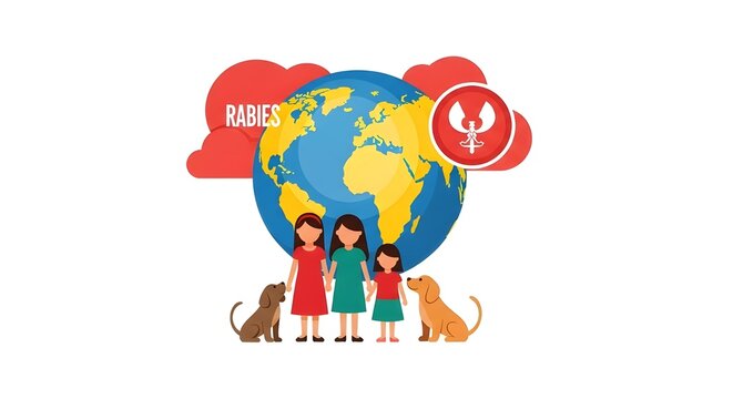 An illustration promoting global rabies awareness and prevention. The image features a family with their dogs in front of the globe, symbolizing worldwide efforts to combat the disease. Red clouds wit