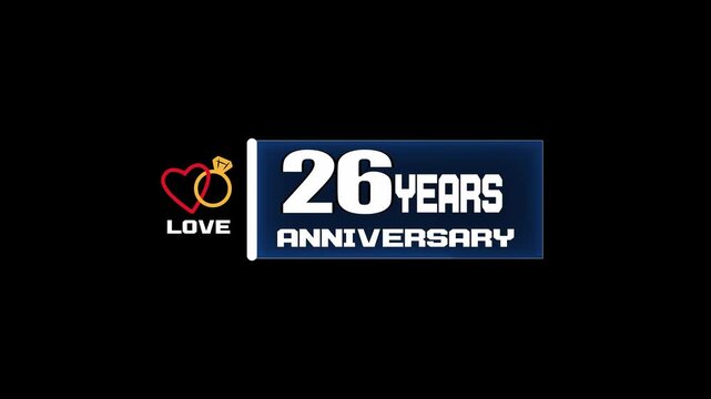26 years anniversary banner, elegant wedding couple celebration, golden heart and ring artwork, stylish romantic love vector