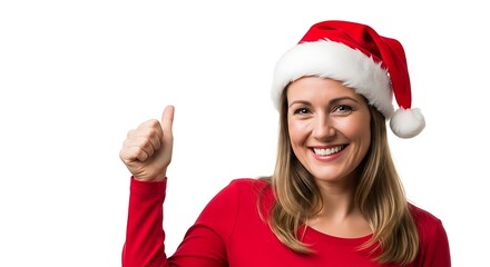 Smiling Woman in Santa Hat Pointing Thumb