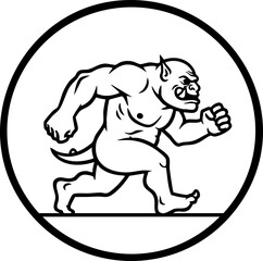 Dynamic cartoon ogre running with determination in a bold monochrome graphic, perfect for gaming or fantasy themes