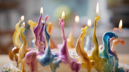A birthday cake with many lit, colorful rainbow candles.
