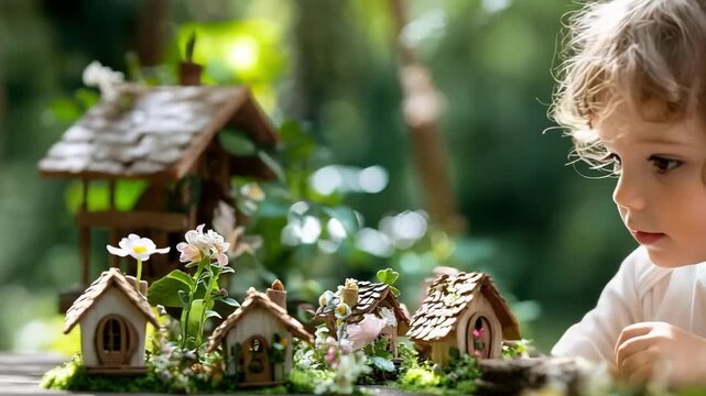 A curious young child with pointed ears watches a miniature fairy village in a garden, tiny wooden houses among blooming flowers.