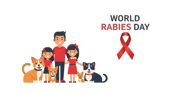 An illustration of a happy family, including a father, two daughters, and their three dogs, standing together to celebrate World Rabies Day. The father and daughters are wearing red shirts, matching t