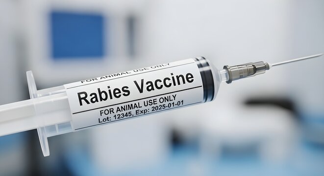 A detailed, high-resolution close-up of a syringe filled with a vaccine, with a label clearly reading "Rabies Vaccine." The label also specifies "FOR ANIMAL USE ONLY" and shows a lot number and expira