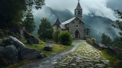 Ancient stone church standing in rocky mountain valley with dramatic scenery