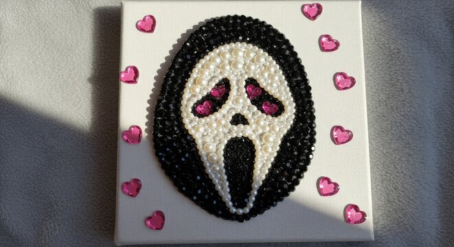 Rhinestone Ghostface Mask with Pink Heart Eyes and Sparkling Beaded Hearts on White Canvas