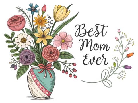 Colorful floral bouquet in a vintage vase with Best Mom Ever text isolated on transparent background