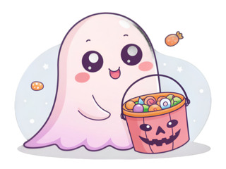 Cute cartoon ghost holding a Halloween candy bucket isolated on transparent background