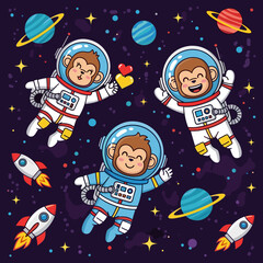 Joyful monkey astronauts float in space surrounded by planets stars and rockets Fun cosmic adventure