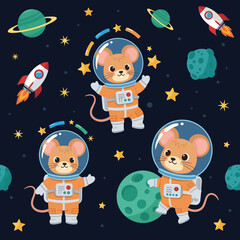 Cute astronaut mice exploring space among planets rockets and stars Perfect for kids themes