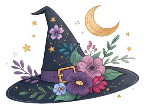 Floral Witch Hat with Stars and Crescent Moon isolated on transparent background