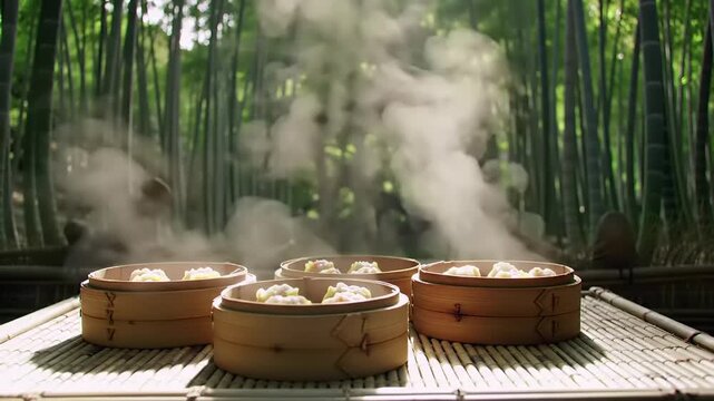 Steamed dim sum in bamboo steamer