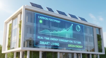 Fototapeta premium Modern building. few solar panels are visible on the roof, building facade is digital display showing real-time energy consumption and a positive carbon footprint graph. green energy, smart living
